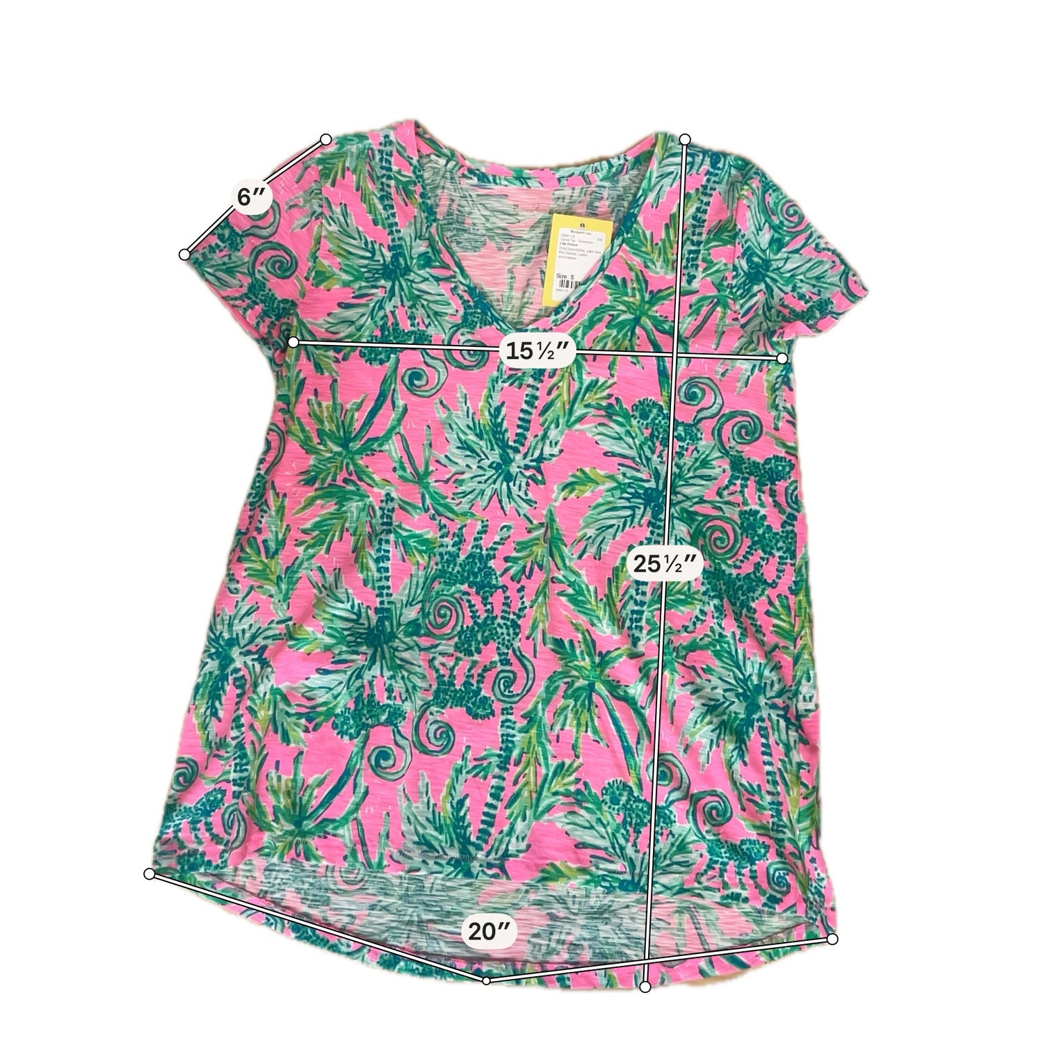 Lilly Pulitzer Etta V-Neck Tee Top S Pink Multi Sink Or Swim Palm Print