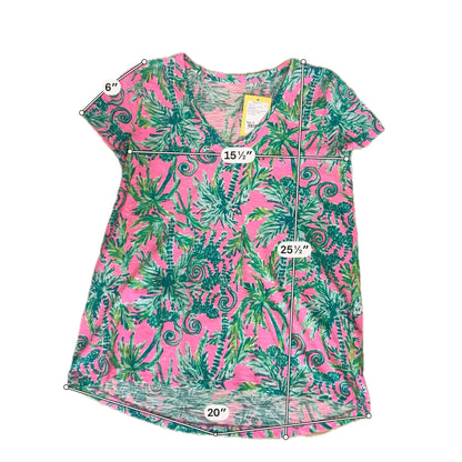 Lilly Pulitzer Etta V-Neck Tee Top S Pink Multi Sink Or Swim Palm Print