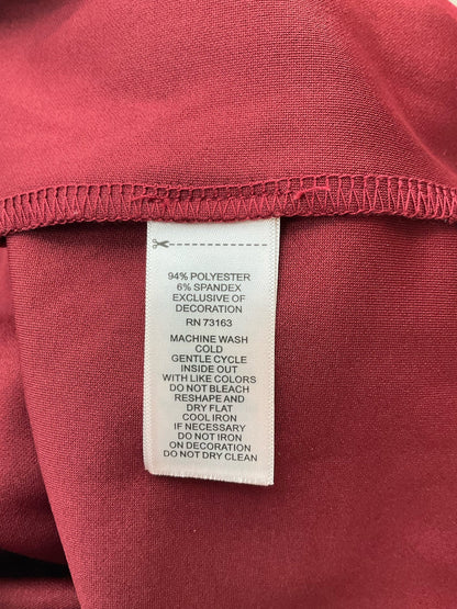 Burgundy solid pre-owned ladies dress by BrandName, size 14, displayed on a mannequin against a neutral background.