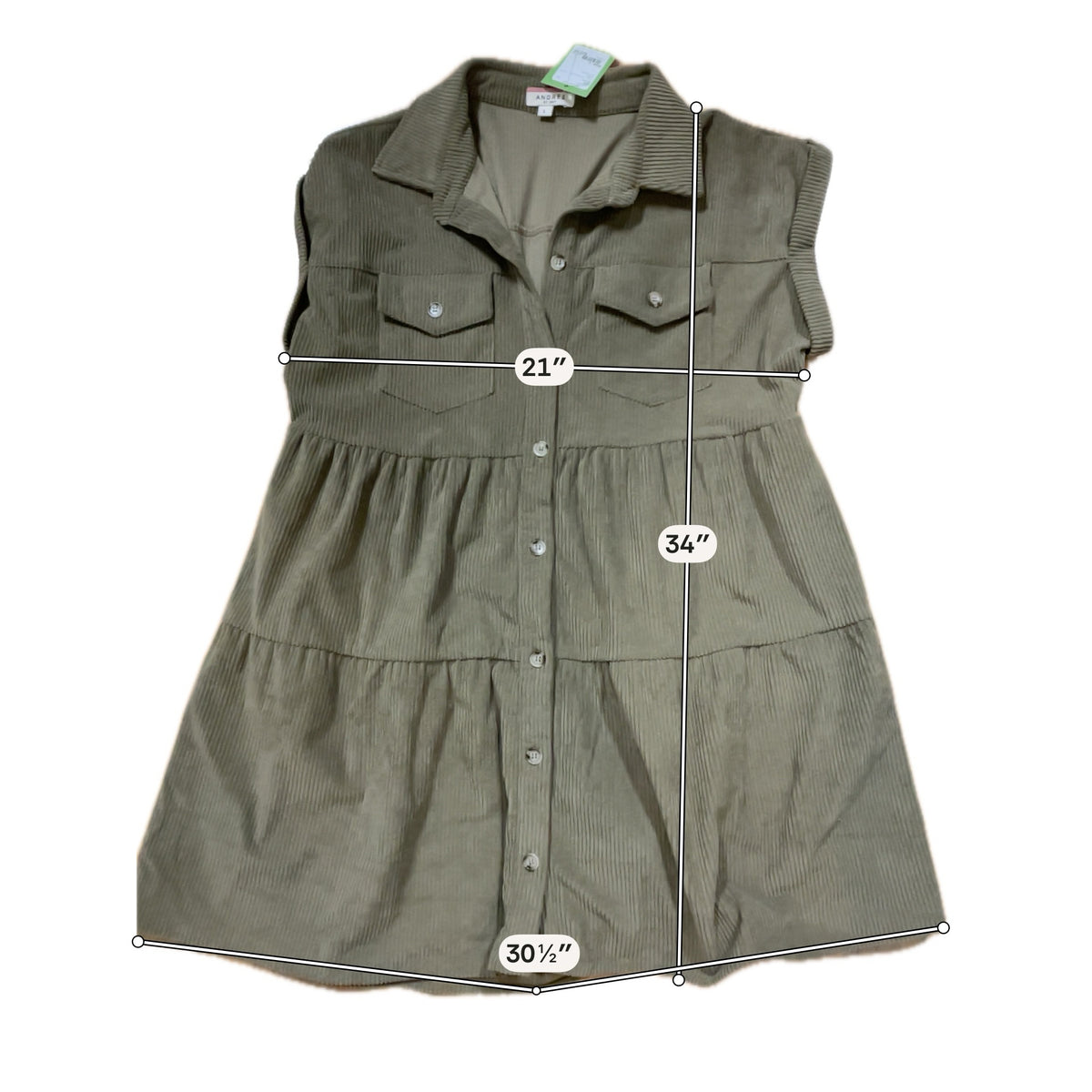 Andree by Unit Olive Green Corduroy Tiered Shirt Dress Size Large
