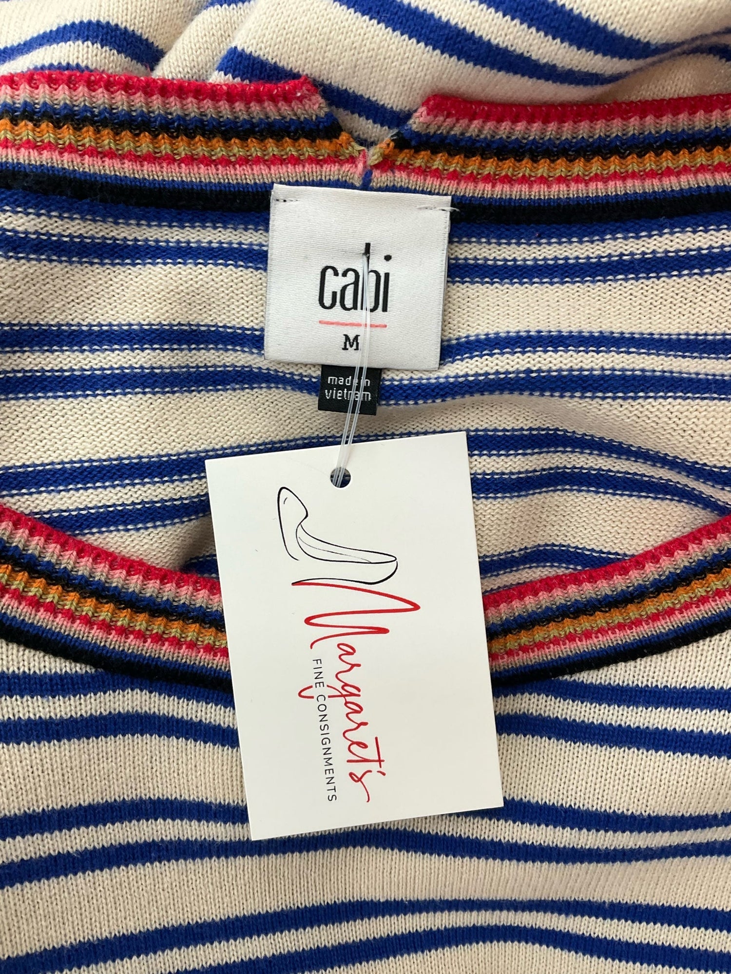 Cabi tan and blue stripe pre-owned ladies top, size medium, featuring a casual pullover design ideal for nautical style.