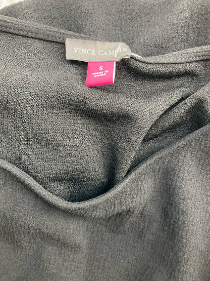 Vince Camuto black pre-owned ladies top featuring boat neck, twist front, and drop shoulder design in size small.