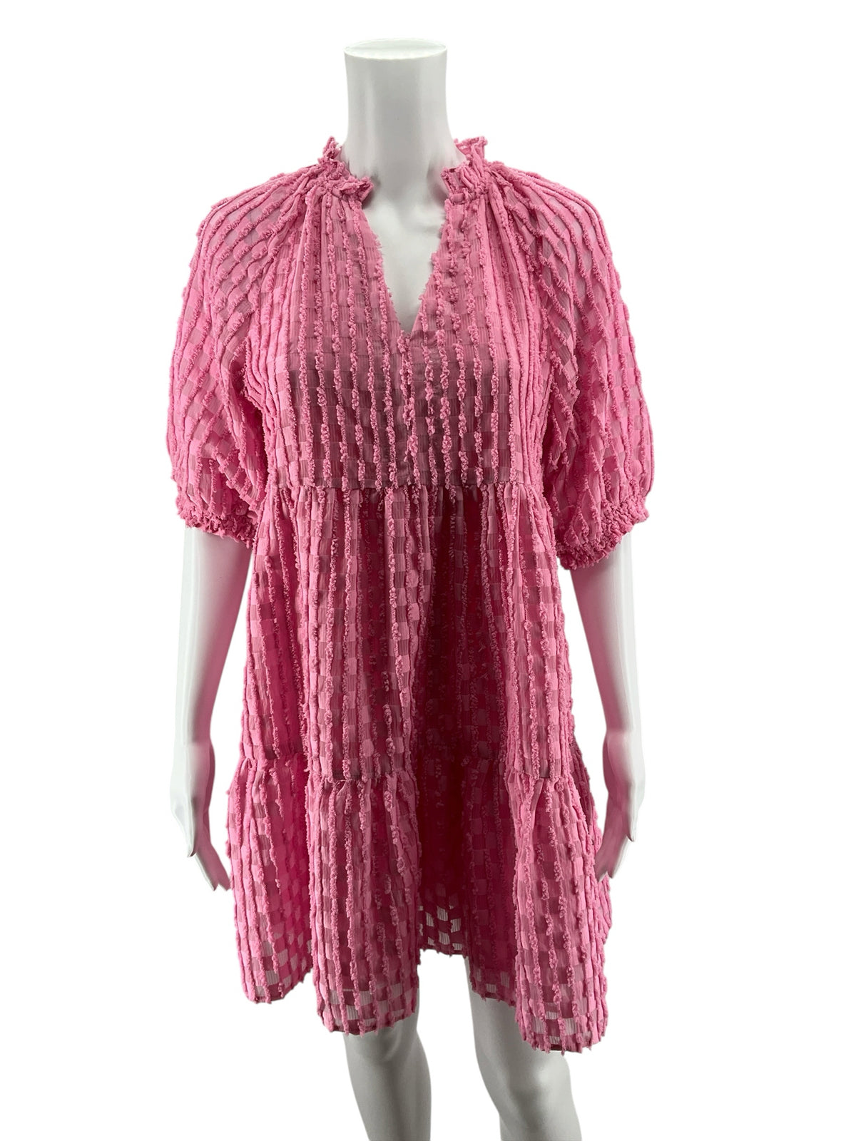 THML Pink Boucle Textured Puff Sleeve Babydoll Dress | Size XS