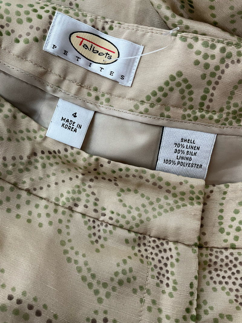 Talbots Tan/Green Print Pre-Owned Ladies Pants - Size 4 Petite