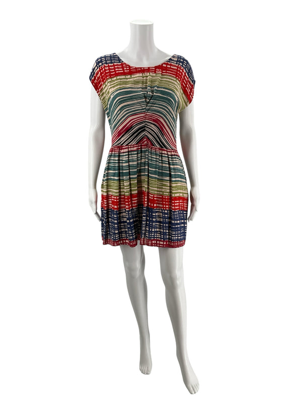 Front view of Angie Tan/Multi Print Pre-Owned Ladies Dress - Size Large on mannequin, featuring A-line fit and vibrant bohemian stripes.
