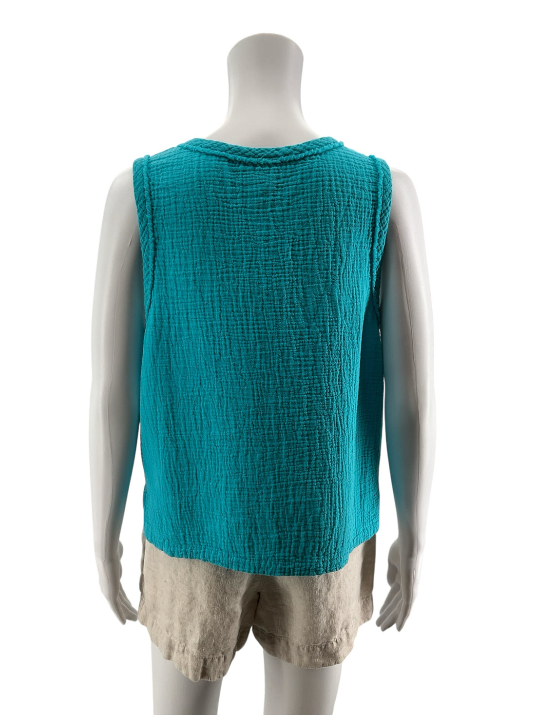 bobi Los Angeles Gauze V-Neck Tank Top Braided Trim Turquoise Medium