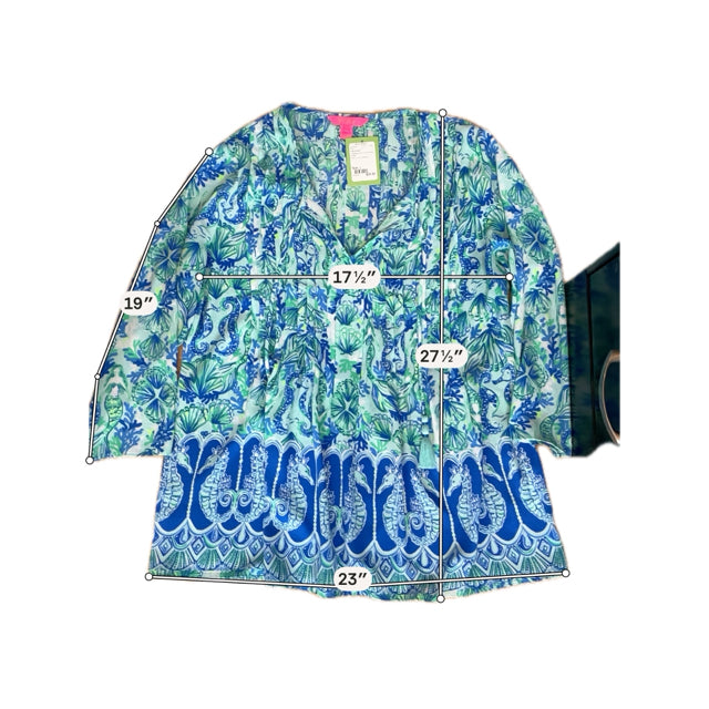 Lilly Pulitzer Elsa Tunic Top Hook Line Sinker Print Blue Green Size Large