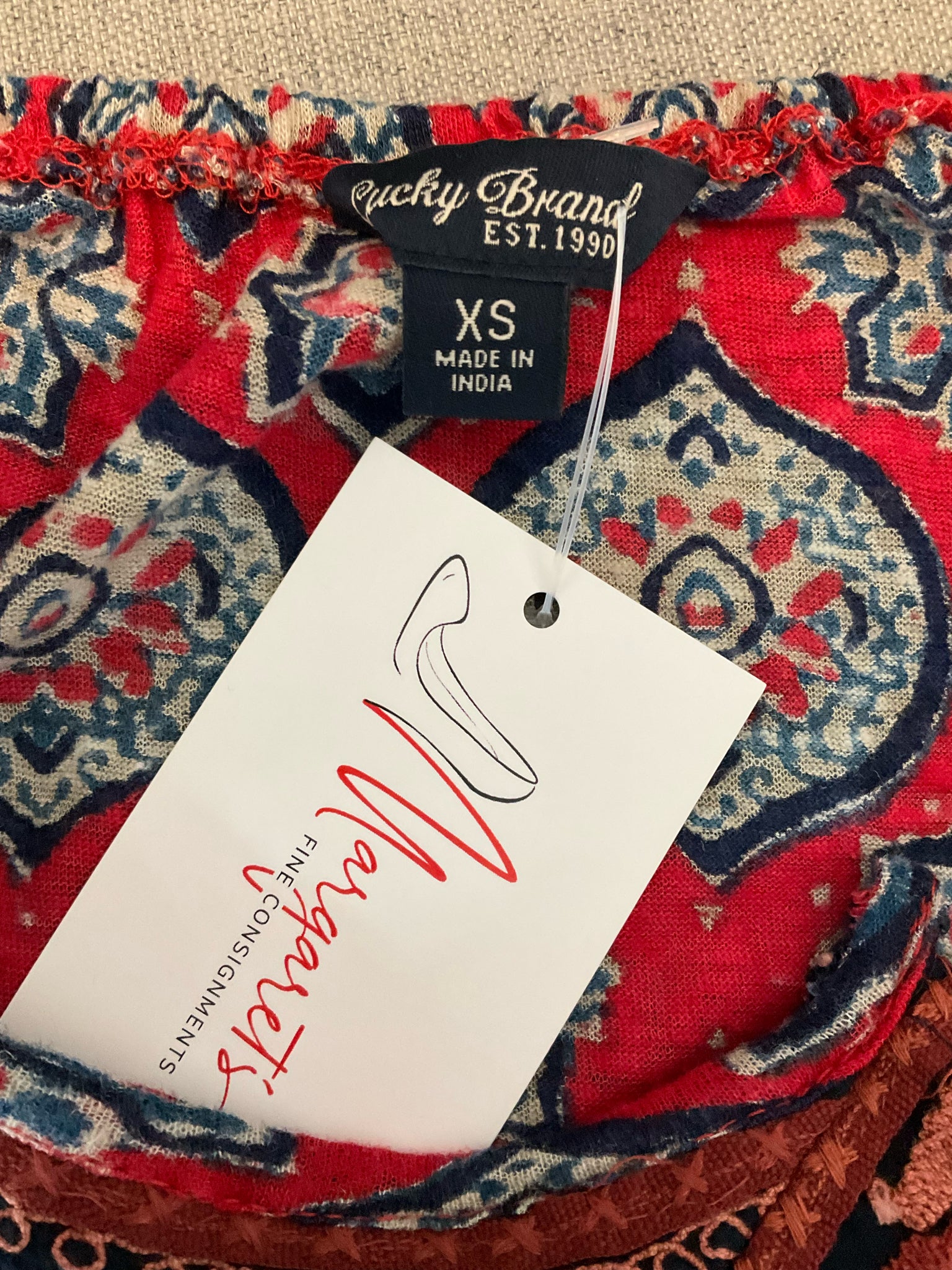 Lucky Brand XS Red &amp;amp; Navy Medallion Print Boho Embroidered Cami Top