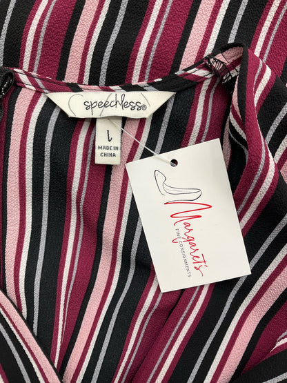 Purple and black striped Speechless ladies jumpsuit, cropped wide leg design with a surplice neckline, size large.