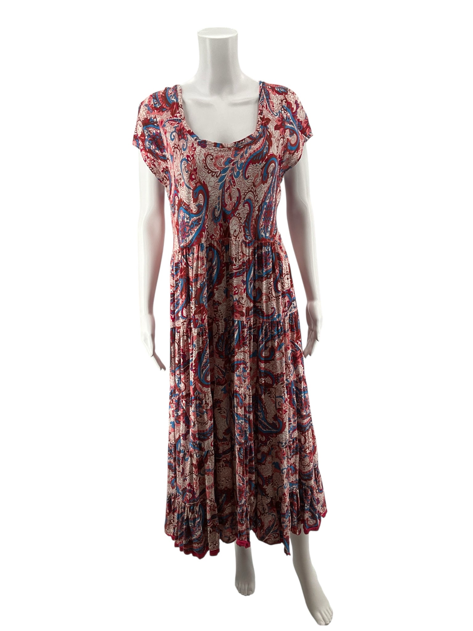 Soft Surroundings Tan/Red/Blue Boho Delphine Paisley Tiered Midi Dress Boho Cap Sleeve Size Large - Size L