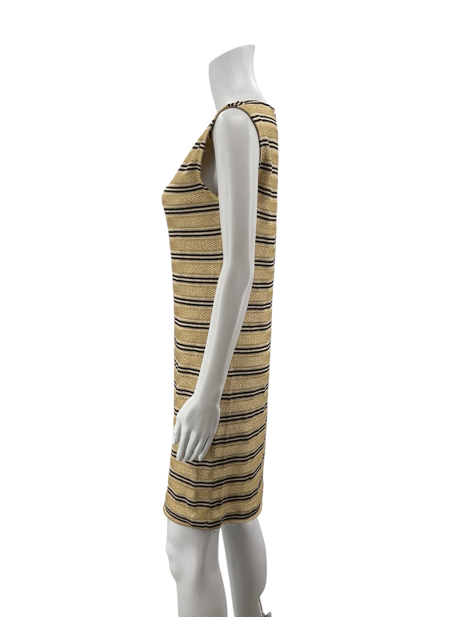 St. John Collection Gold Metallic Stripe Knit Sheath Dress | Size 10 Margaret's Fine Consignment St. John Collection Gold Metallic Stripe Knit Sheath Dress | Size 10 Margaret's Fine Consignment