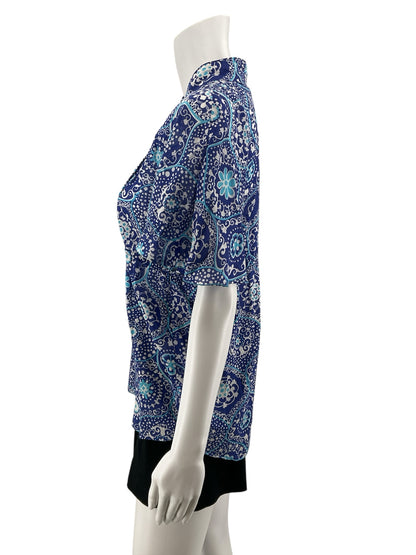 Trina Turk Fanciful Medallion Print Silk Cotton Blend Top Blue White Size Small