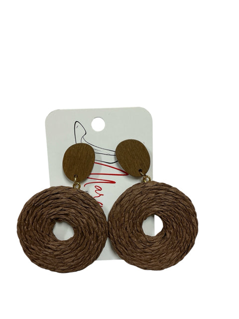 Mas Brown Woven Disc Wood Stud Drop Earrings Bohemian Natural Fiber Lightweight