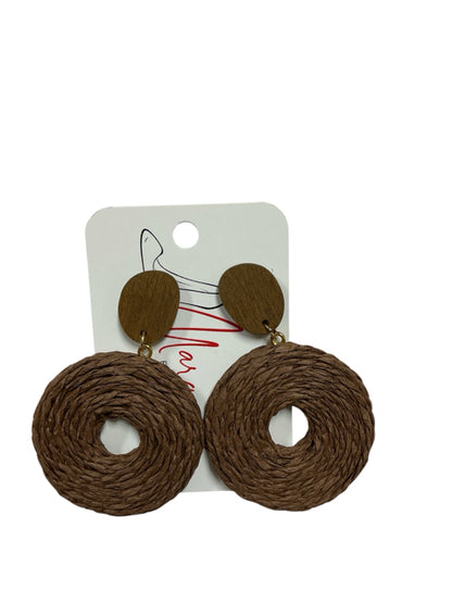 Mas Brown Woven Disc Wood Stud Drop Earrings Bohemian Natural Fiber Lightweight