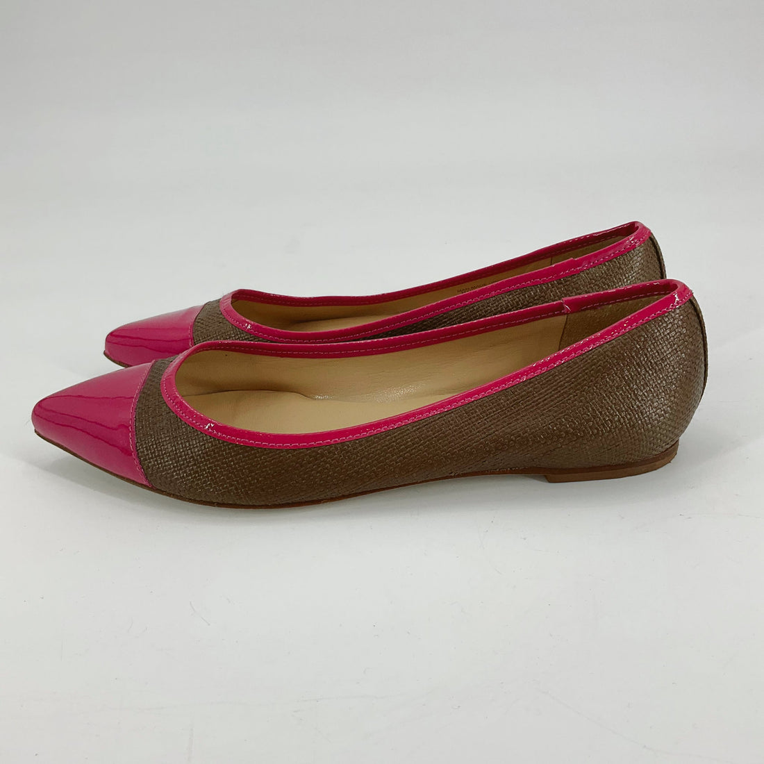 Talbots brown and pink solid ballet flats, size 6, featuring a pointed cap toe and woven design in a classic preppy style.