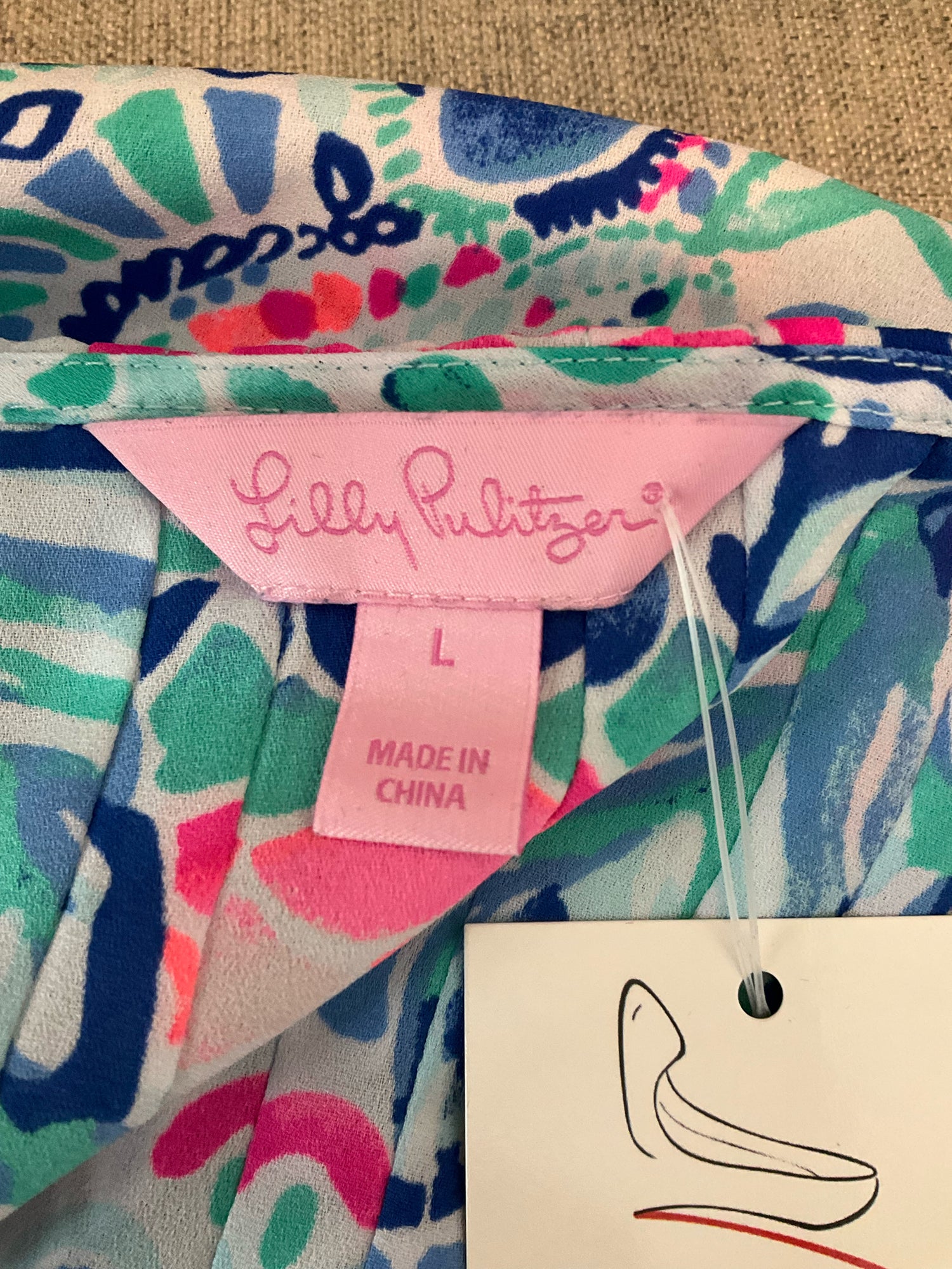 Lilly Pulitzer Tatum Tunic Top Multi Chin Chin Print V-Neck Tassel Blouse Size Large