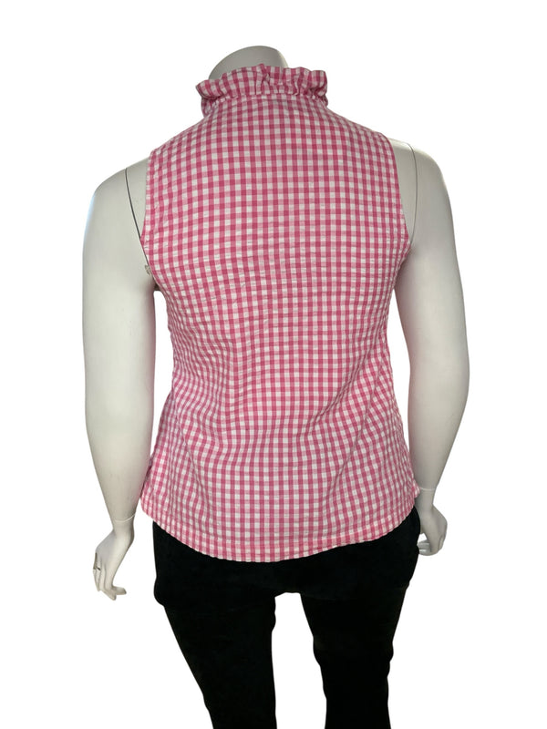 Back view of Crown & Ivy white/pink checkered sleeveless top, size XL, featuring a fitted cut and lightweight cotton fabric.