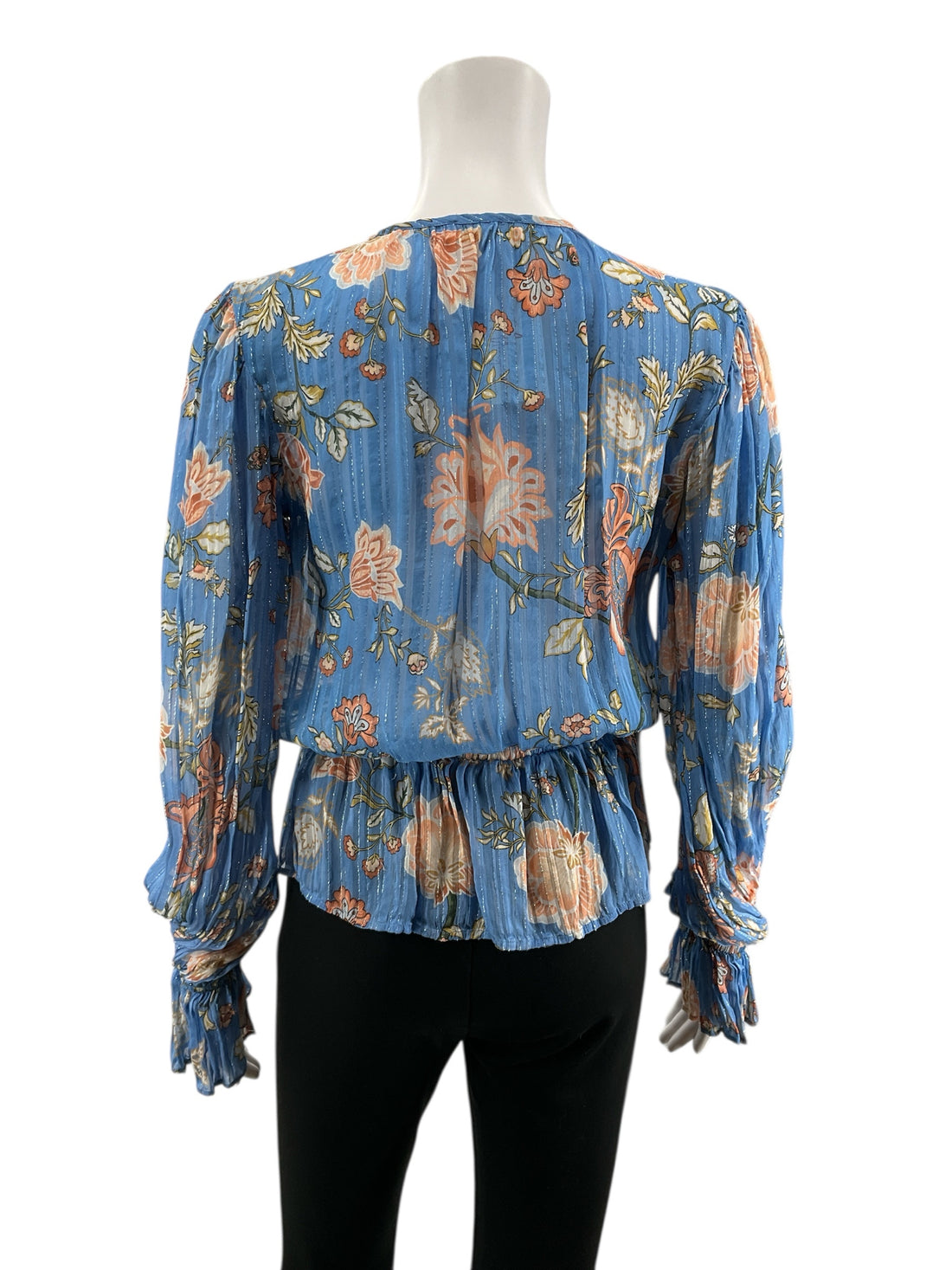 Ramy Brook Maris Floral Lurex Wrap Top Blue Blush Bishop Sleeve Blouse S/M