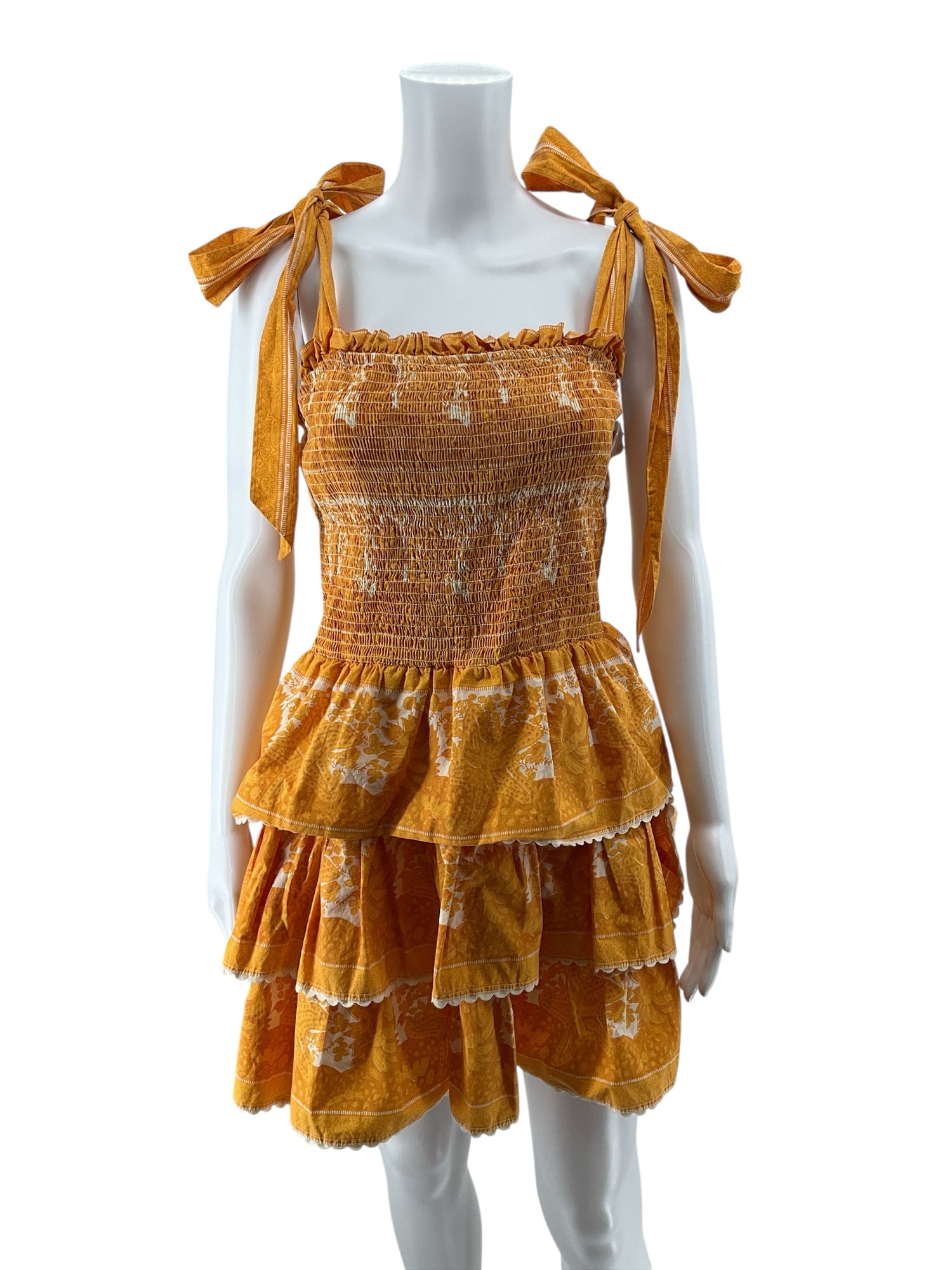Cleobella Margaux Smocked Tiered Floral Mini Dress Mustard Yellow Medium
