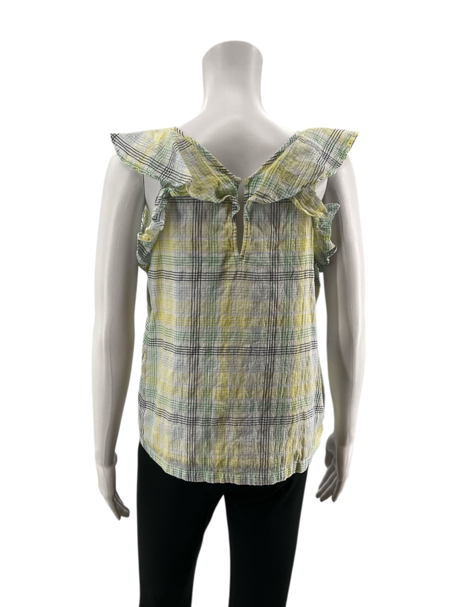 LOFT White/green/yellow Sleeveless Plaid Flutter Sleeve Keyhole Back Top Size Small - Size S