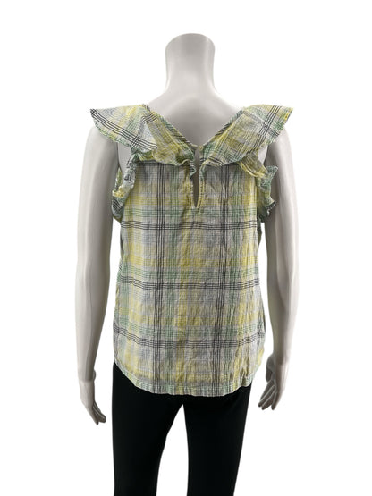 LOFT White/green/yellow Sleeveless Plaid Flutter Sleeve Keyhole Back Top Size Small - Size S