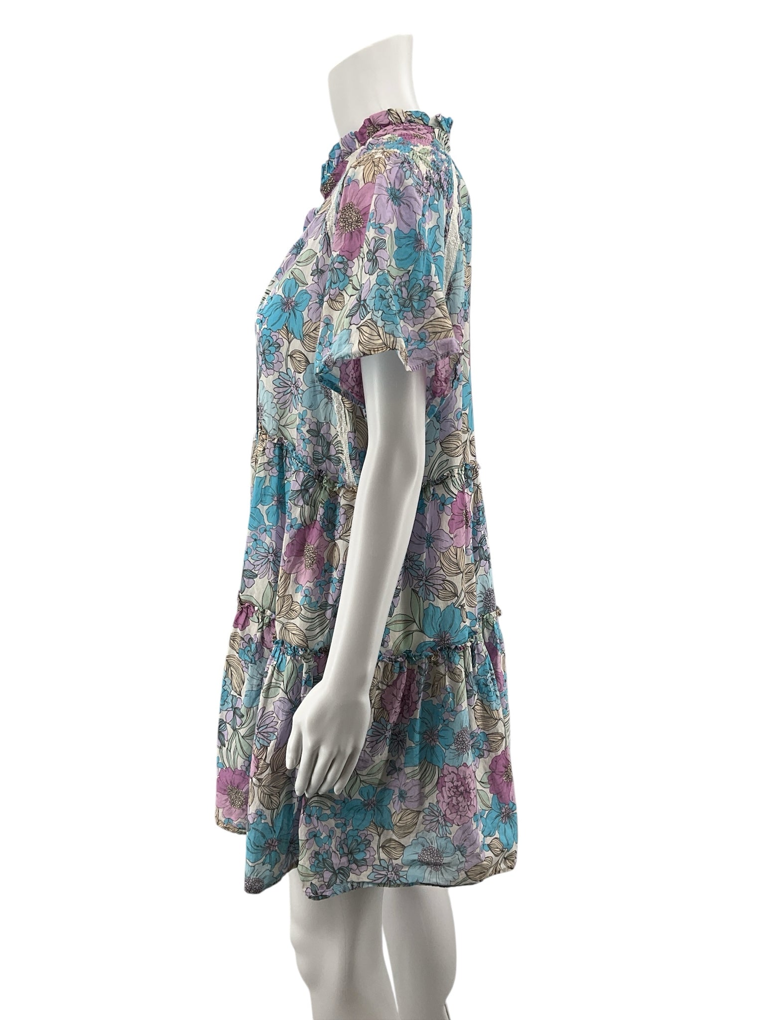 Karlie Floral Smocked Tiered Mini Dress Blue Purple Ruffle Tie Neck Size Large