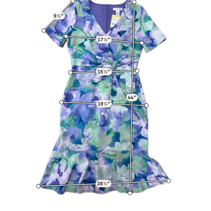 London Times Purple/Green Bodycon Floral Twist-Front Midi Dress Size 10 - Size 10