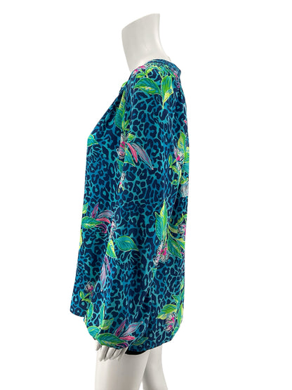 Lilly Pulitzer Elsa Silk Top Blue Lagoon Floral Tunic Blouse Size Large