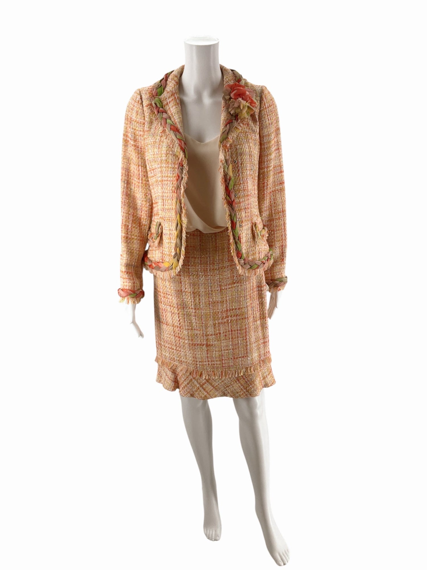 Teri Jon Orange/Green Tweed Pre-Owned Ladies 2 Piece Skirt Suit - Size 2