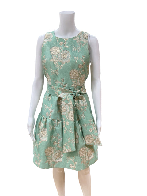 Maison Tara Aqua Gold Floral Metallic Jacquard Fit &amp; Flare Dress Size 6