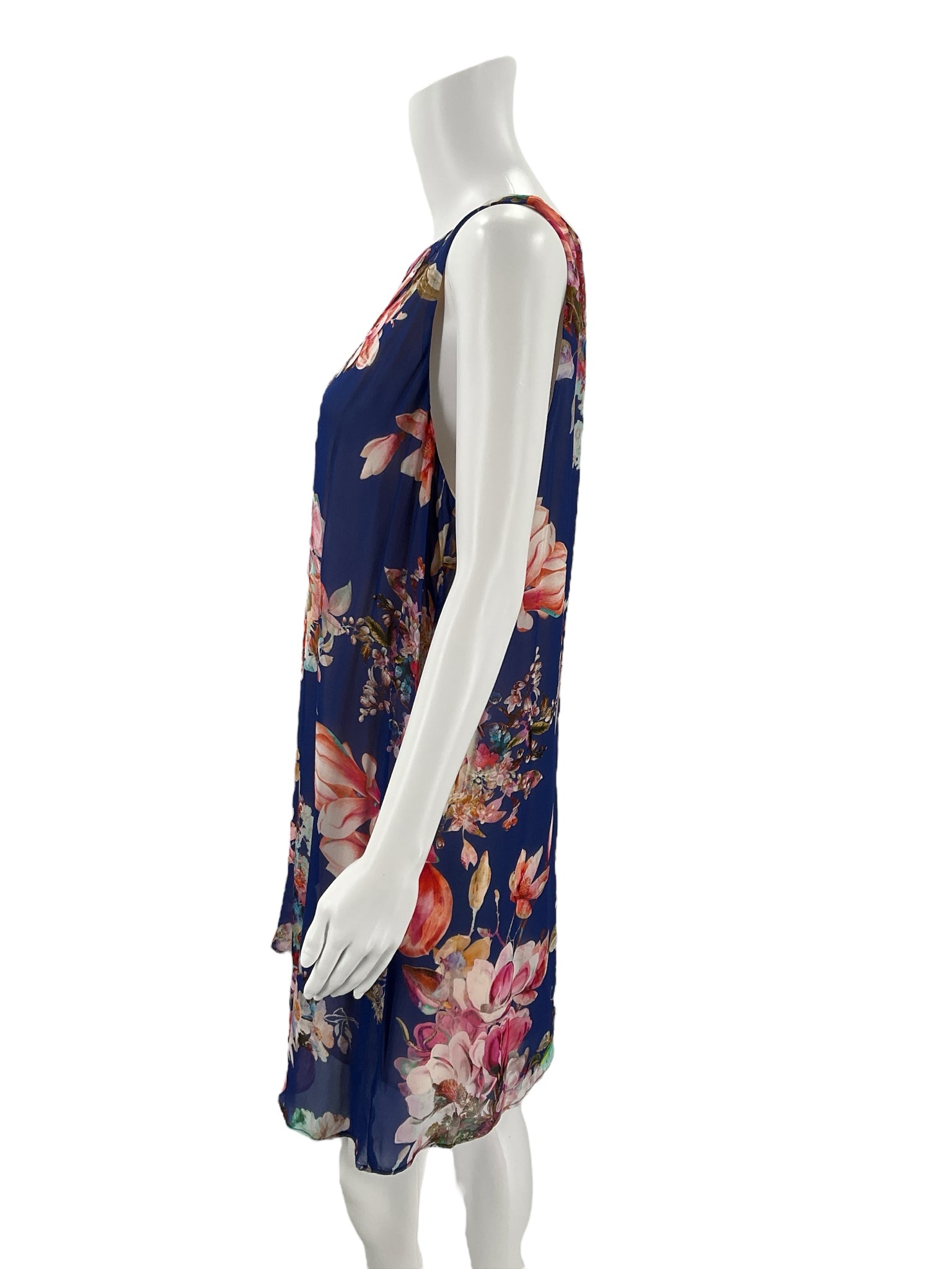 Side profile of Lavender Brown Blue/Multi Floral Dress - Size Large, highlighting the relaxed fit and lightweight floral fabric.