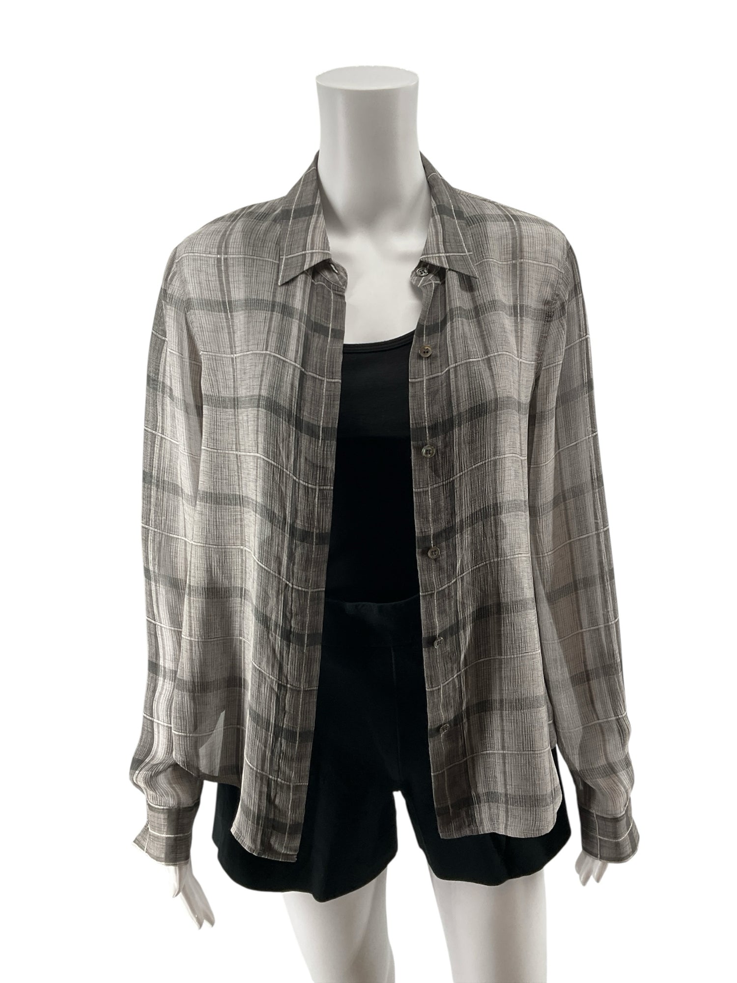 Theory Biddy Lattice Plaid 100% Silk Button Down Blouse Gray Size P Petite
