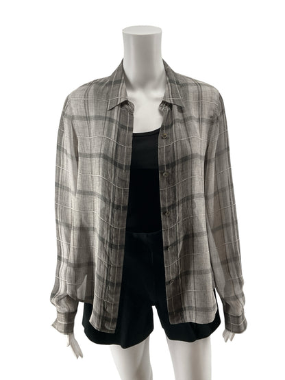 Theory Biddy Lattice Plaid 100% Silk Button Down Blouse Gray Size P Petite
