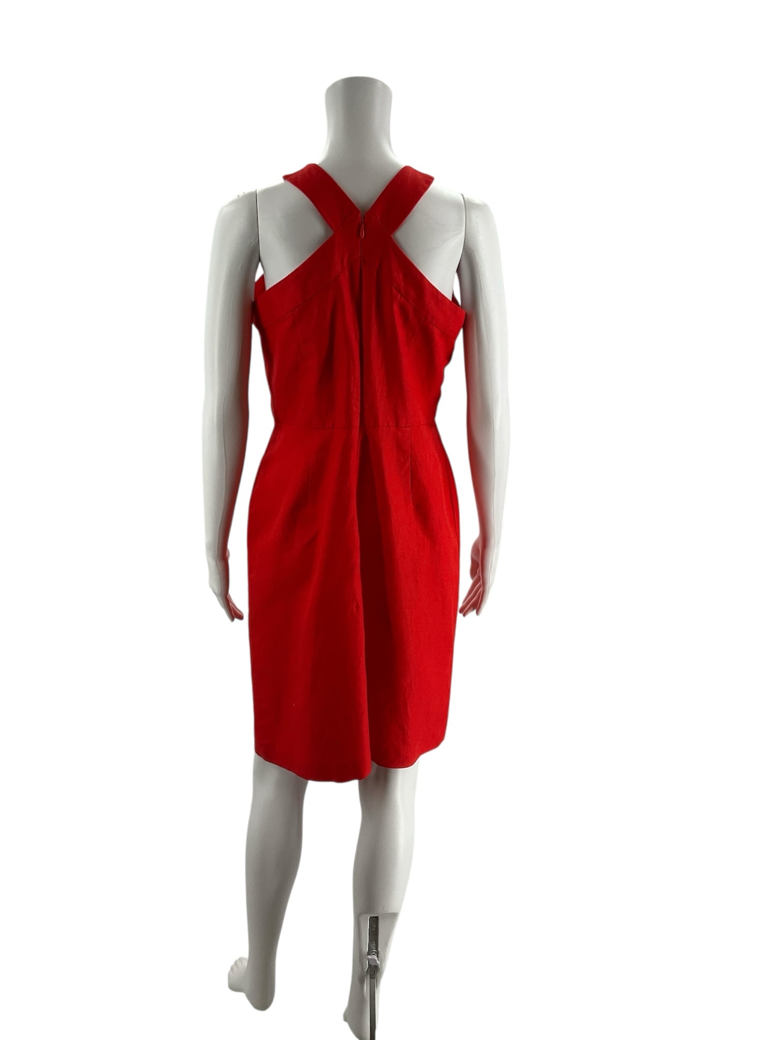 Red Ann Taylor sleeveless halter dress in size 8, featuring a sheath pencil silhouette, perfect for cocktail or wedding guest attire.