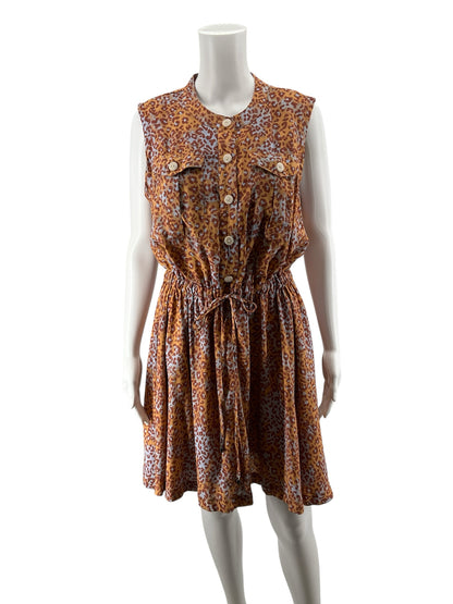Nine West Animal Print Sleeveless Shirtdress Tie Waist Rust Blue | Size Large