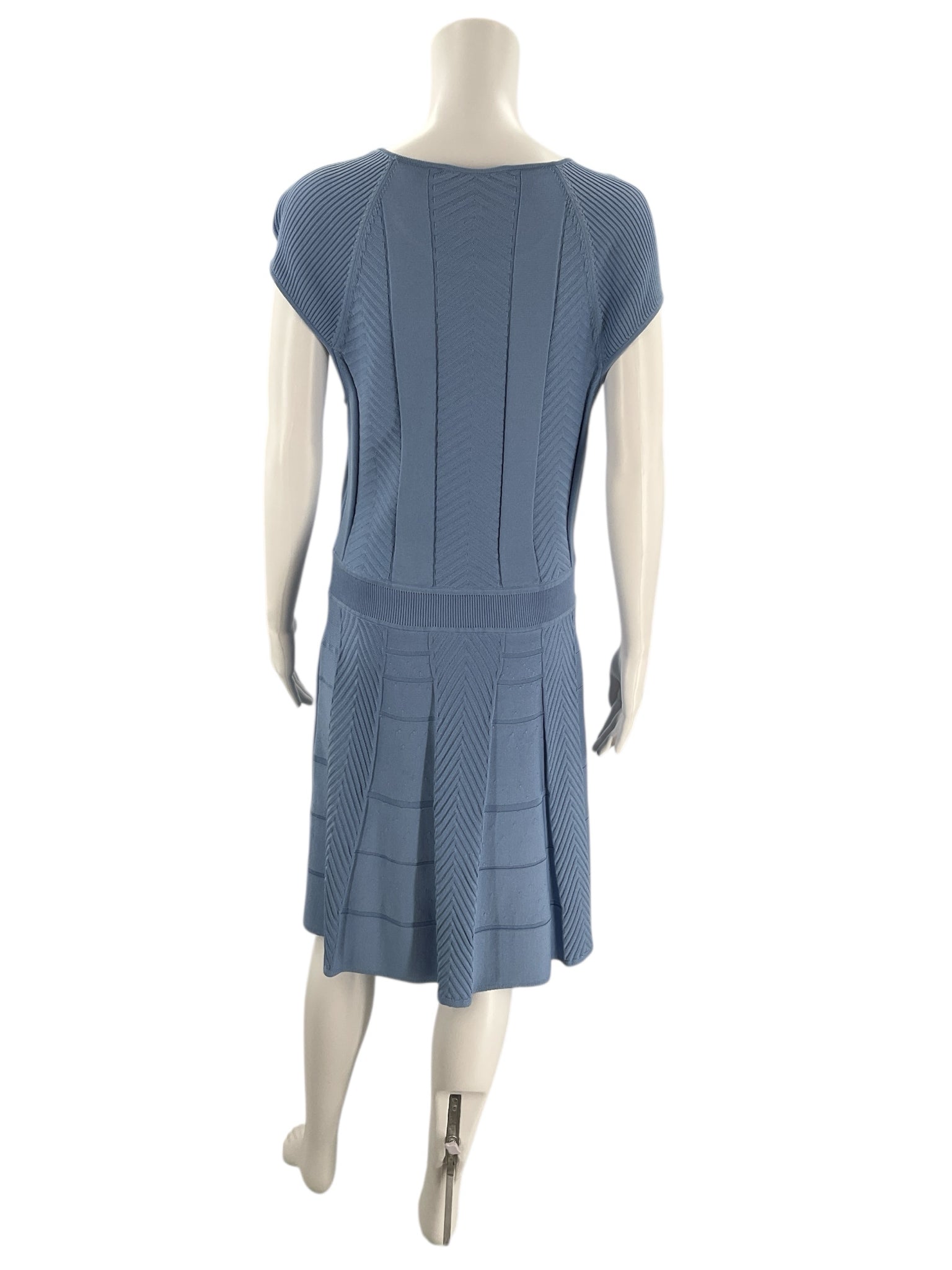 Back view of Cynthia Steffe Blue Textured Dress - Size Large showing ribbed knit pattern and flattering waist detail, pre-owned and elegant.