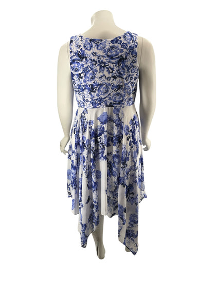Signature by White Bee Blue &amp; White Floral Handkerchief Hem Dress Size 18W - ONLINE ONLY