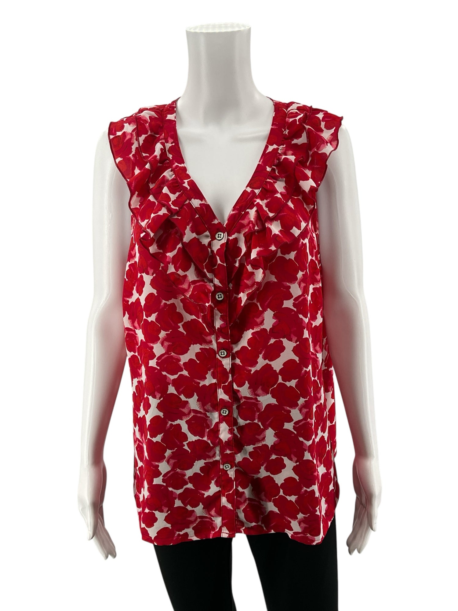 cabi White/Red Sleeveless Valentine Blouse Red Floral Ruffle V-Neck Sleeveless Top Size Large - Size L