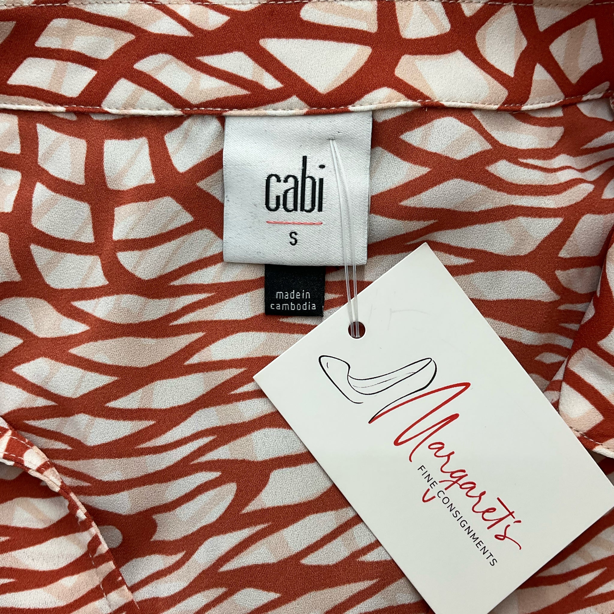 Cabi White/Orange Print Pre-Owned Ladies Top - Size Small - Margaret’s Fine Consignment