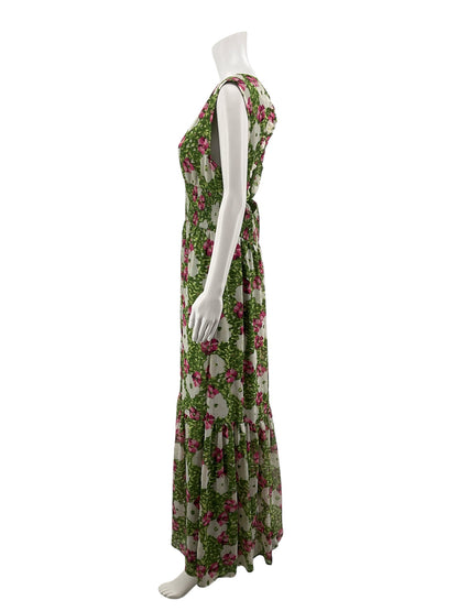 bar III green/pink Maxi Green &amp; Pink Floral Pleated Chiffon Maxi Dress XL - Size XL