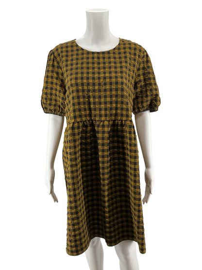 Wild &amp;amp; Fable Mustard &amp; Black Checkered Puff Sleeve Tiered Mini Dress | Size Large
