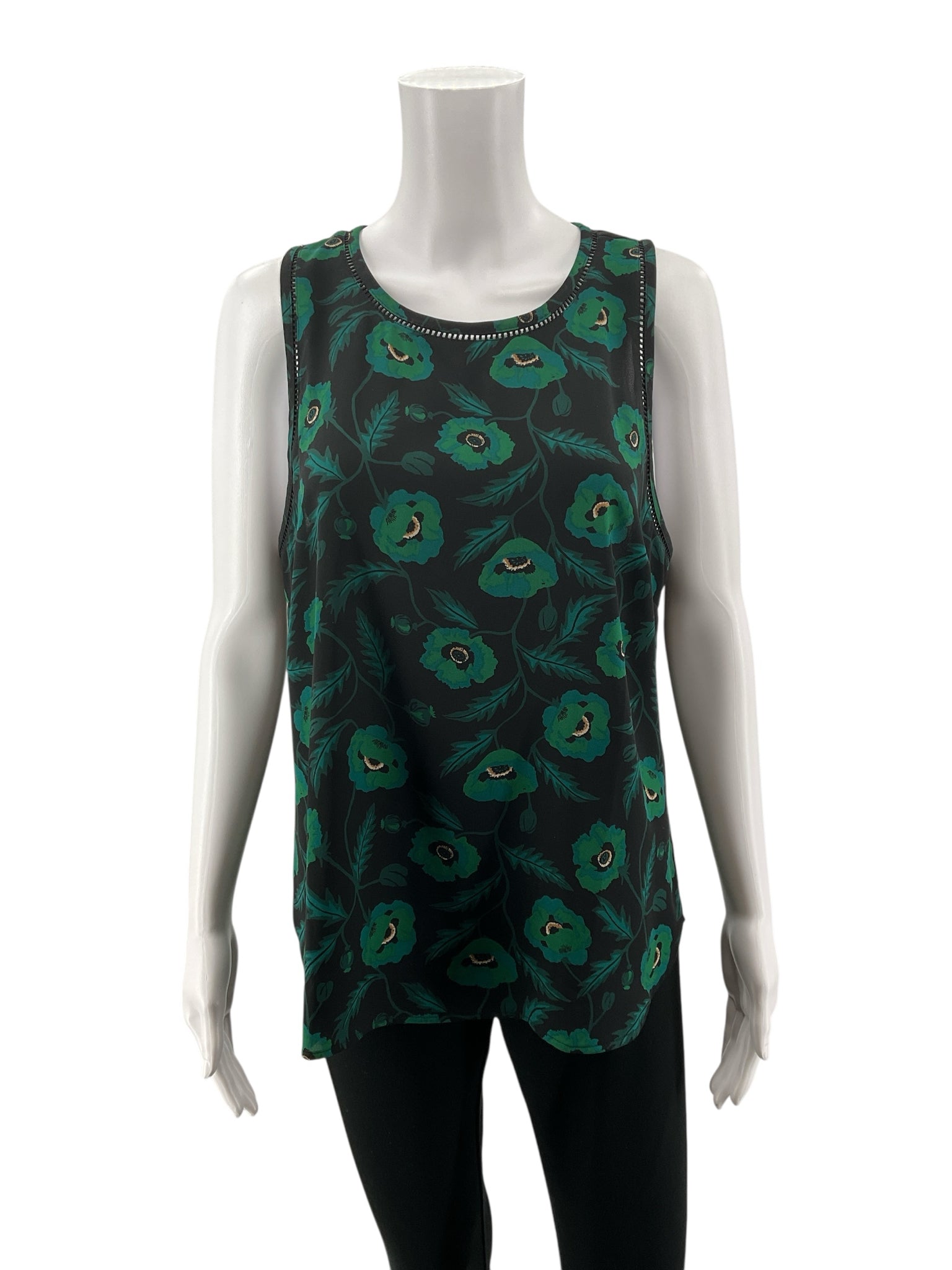 J.Crew Black/Green Sleeveless J. Crew Black &amp; Green Poppy Floral Sleeveless Shell Top Size 12 - Size 12