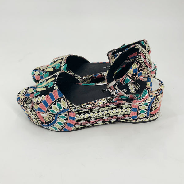 River Island wedge sandals in multicolor teal, black, pink, yellow, and blue with ankle strap, size 7 pre-owned women’s casual shoes.