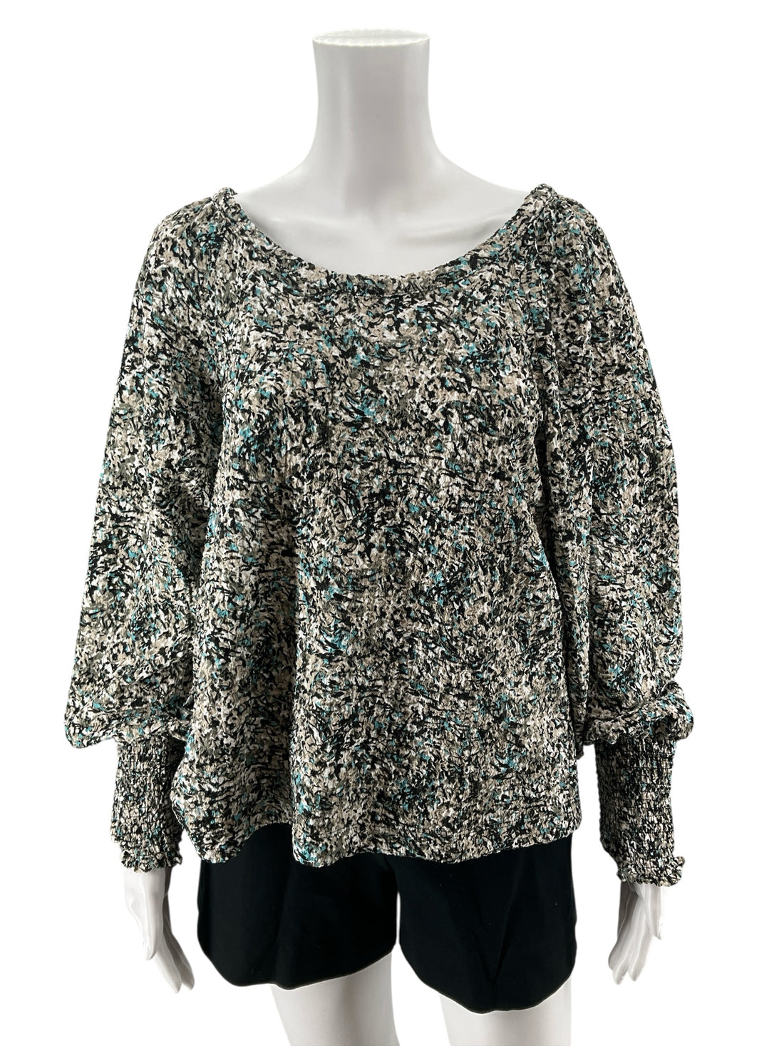 LOFT Abstract Print Smocked Cuff Blouson Top Black Aqua Size Large