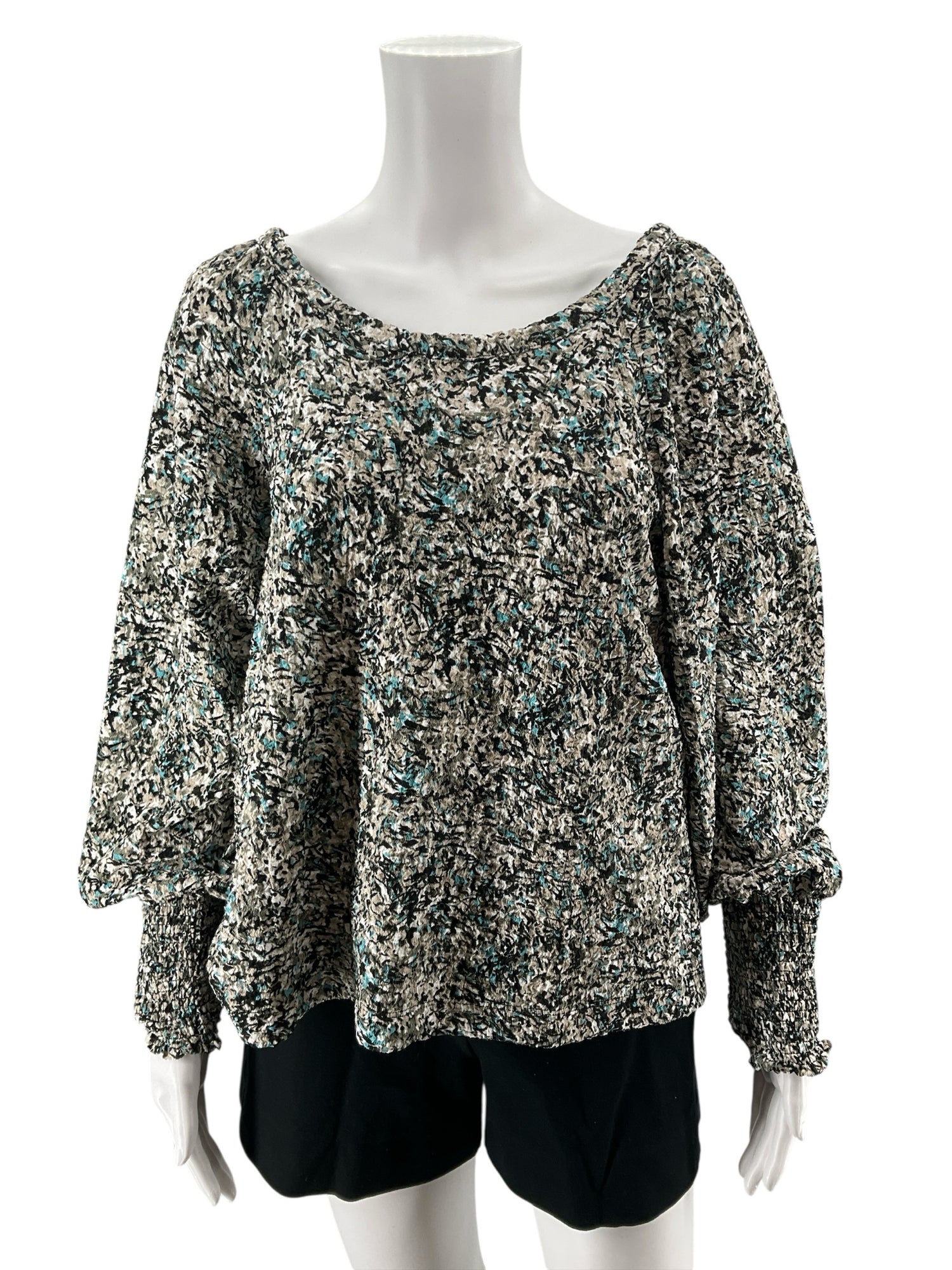 LOFT Abstract Print Smocked Cuff Blouson Top Black Aqua Size Large