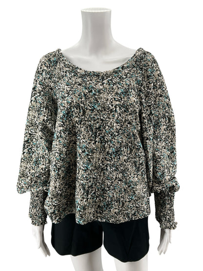 LOFT Abstract Print Smocked Cuff Blouson Top Black Aqua Size Large