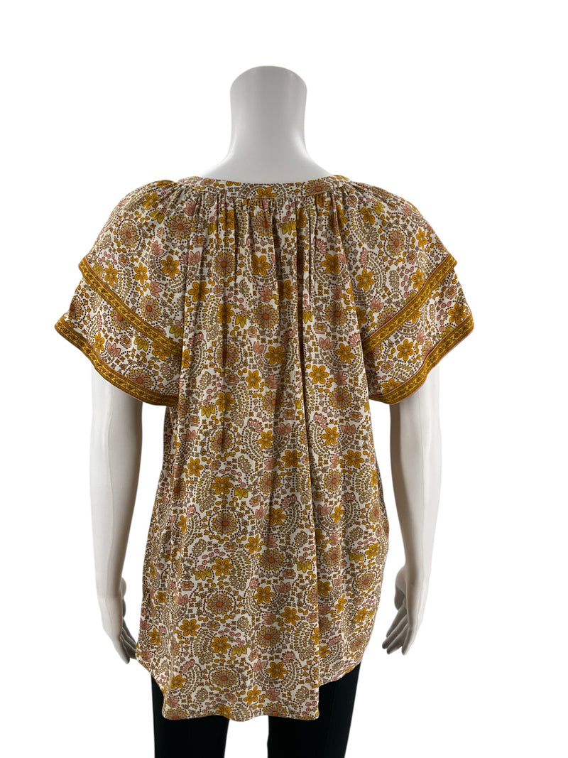 DR2 Mustard/Cream Floral Pre-Owned Ladies Top - Size Large - Margaret’s Fine Consignment