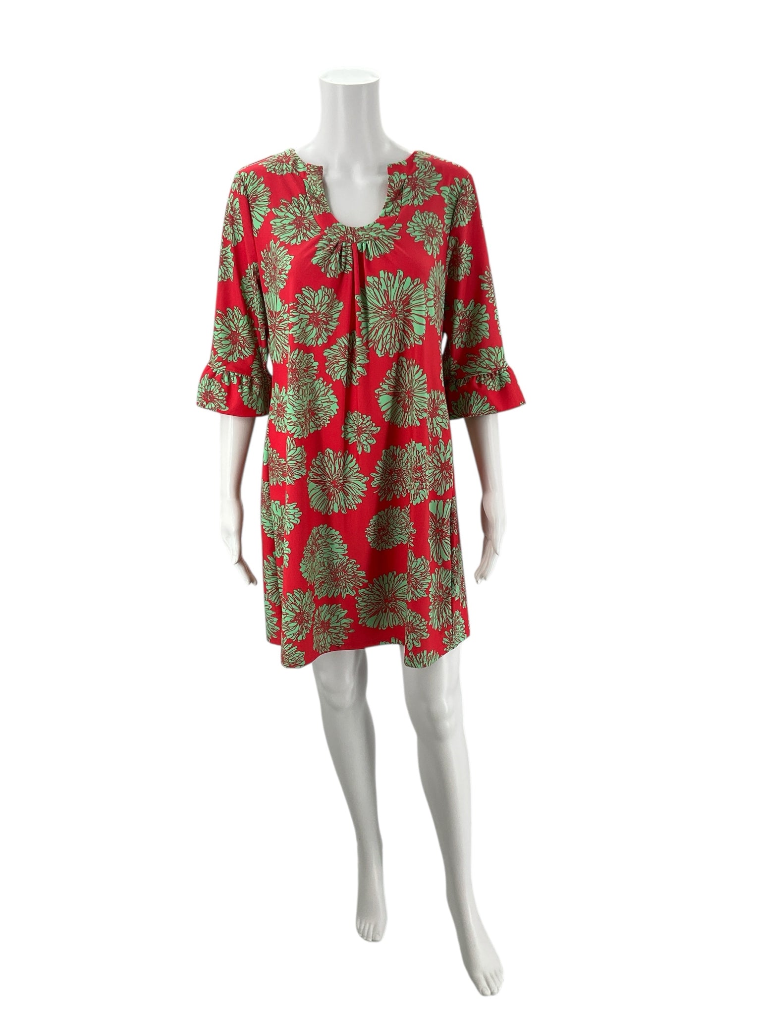 Aryeh Coral/Green Print Dress - Size Large with floral pattern and 3/4 ruffle sleeves, ideal for spring and summer wear.