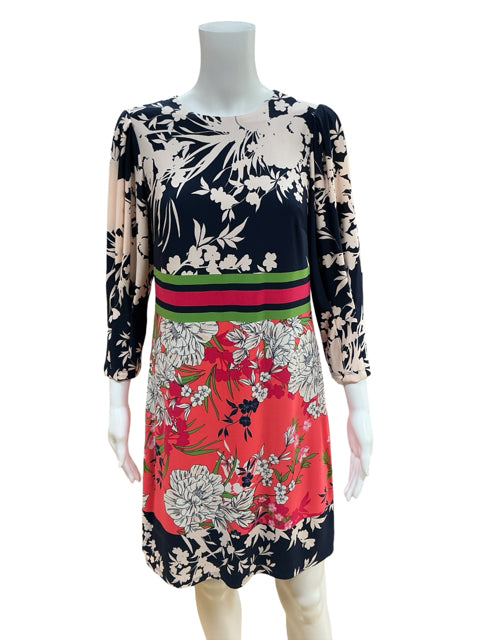 Vince Camuto navy/coral/white Sheath Floral Colorblock Sheath Dress Navy Coral Size 4 - Size 4