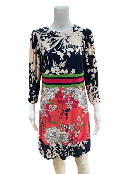 Vince Camuto navy/coral/white Sheath Floral Colorblock Sheath Dress Navy Coral Size 4 - Size 4